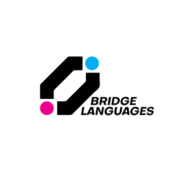 Logo for Bridge Languages featuring two thick, black angled lines forming a stylized bridge shape with a magenta dot on the lower left and a cyan blue dot on the upper right. The brand name 'Bridge Languages' is written in bold, italicized black text on the right.